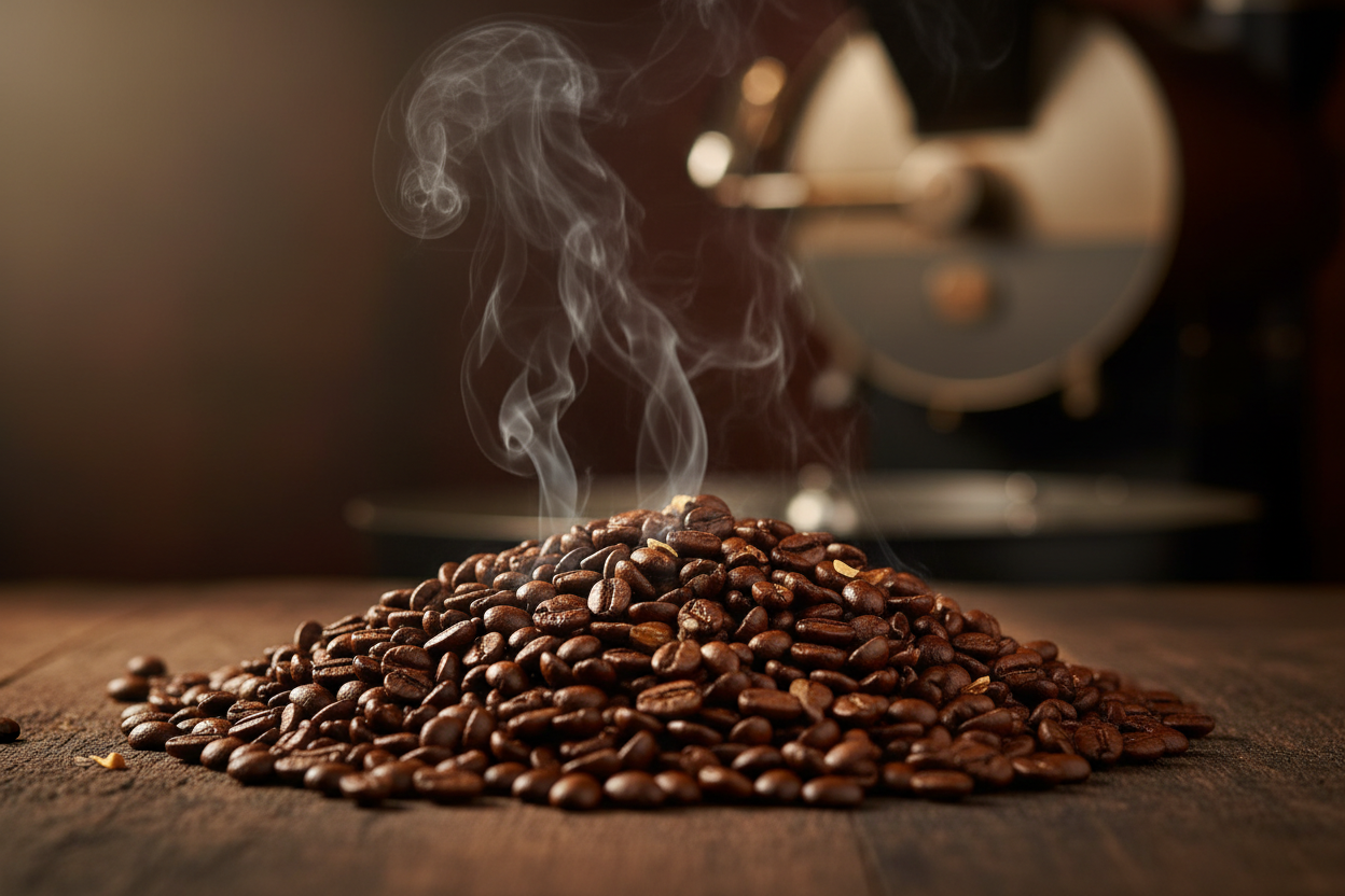 freshly roasted coffee beans with steam